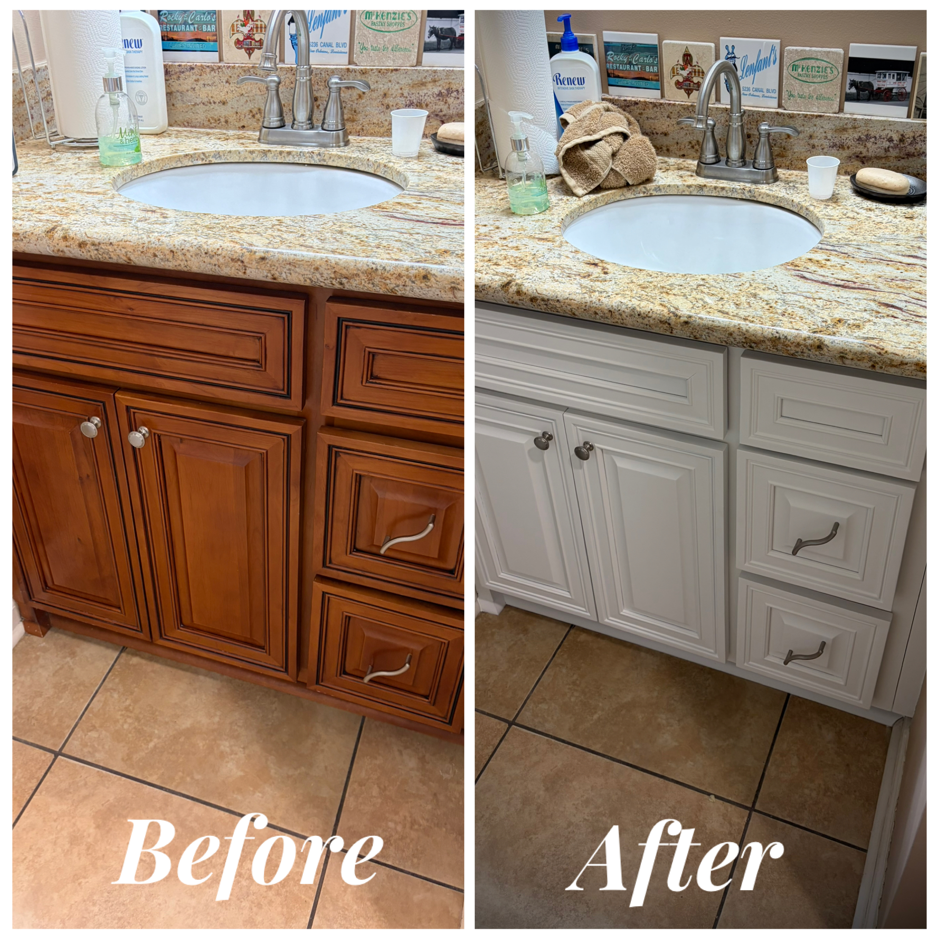 Bathroom cabinets before and after professionally spraying with SW Greek Villa in Hide-Away Lake, MS - Paint Star