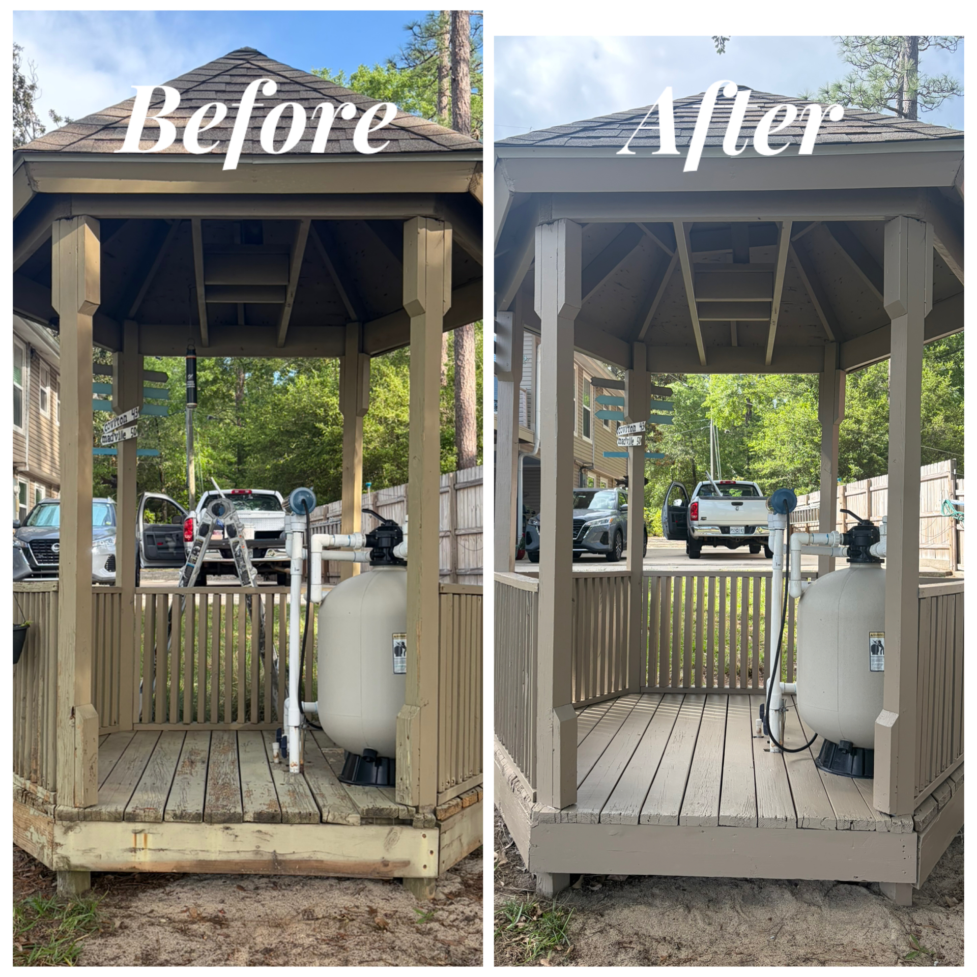 Pump house gazebo before and after SW Sanderling in Hide-A-Way Lake, MS - Paint Star