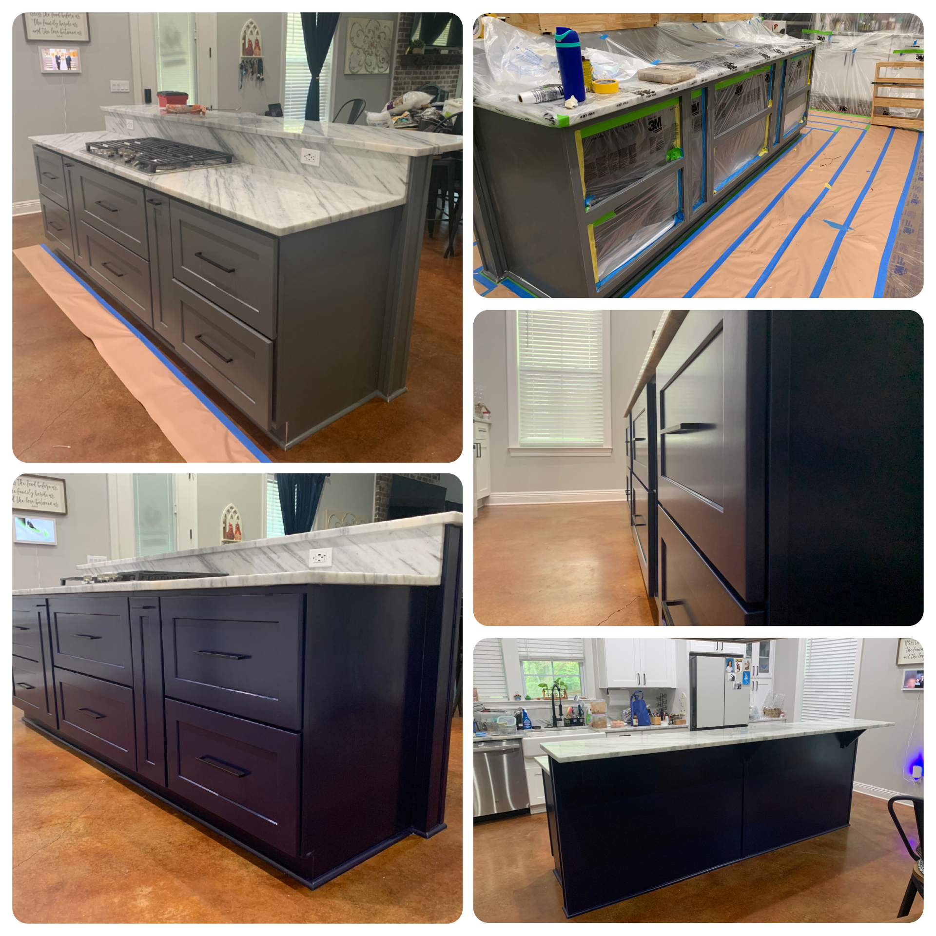 Kitchen island before and after professionally sprayed with SW In the Navy in Carriere, MS - Paint Star